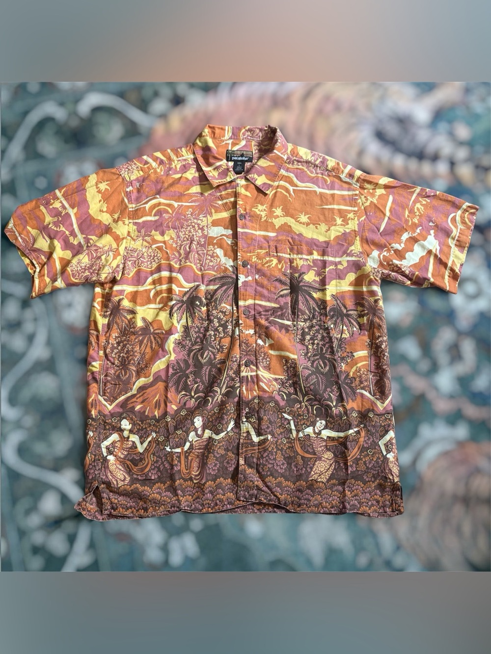 Vintage Patagonia Pataloha Hawaiian Floral Hula Dancer Tropical Beach Shirt L